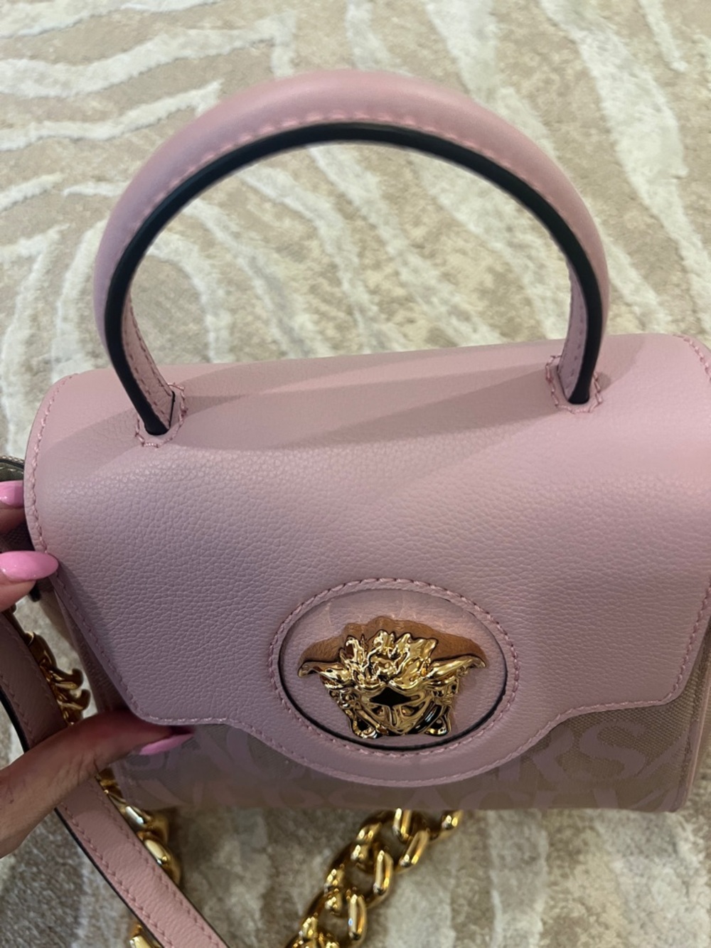 Never worn! Versace Dusty Pink Leather Top-Handle Satchel with Gold Chain